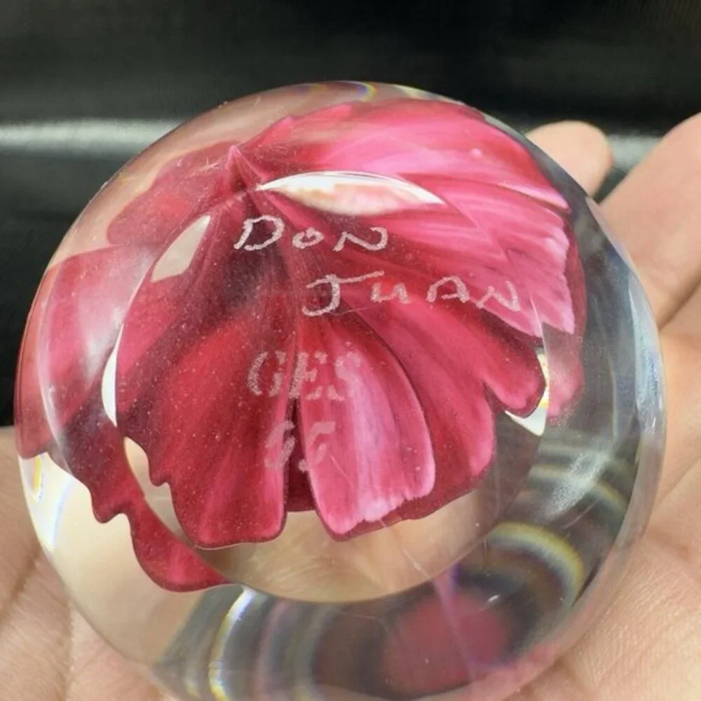 1995 GES Glass Paperweight Red Rose Flower Faceted Signed Don Juan Vintage Decor